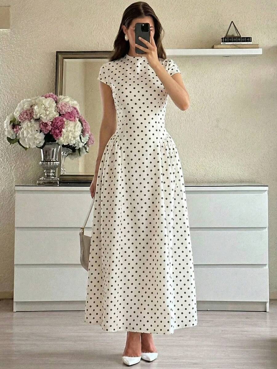 Lumalex 白色波点泡泡袖连帽女式连衣裙