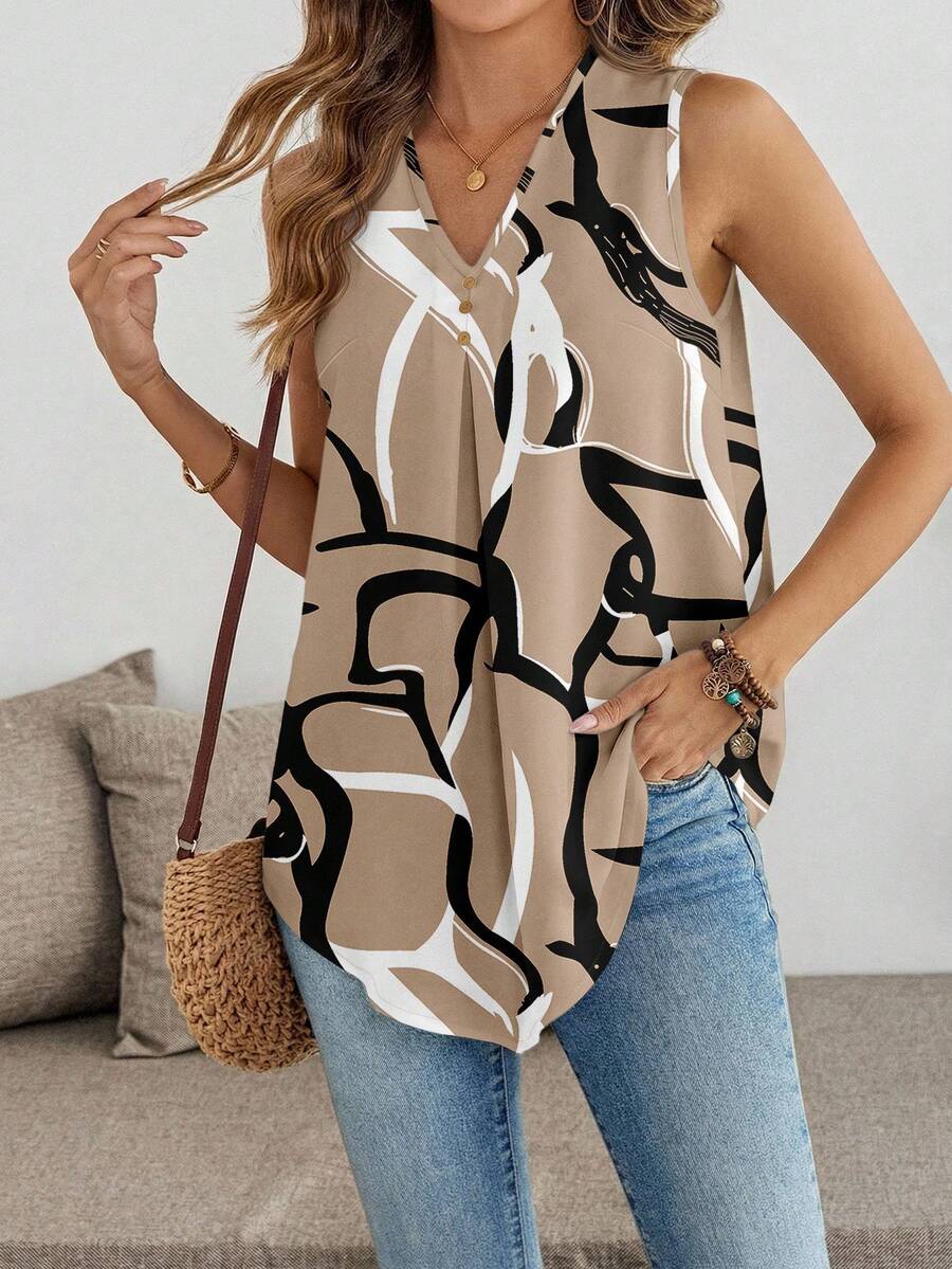 EMERY ROSE Elegant Abstract Line Print Khaki V-Neck Sleeveless Shirt, Plus Size, Suitable For Summer - Multicolor - View 1