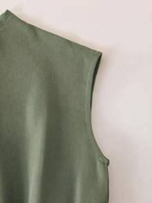 SHEIN 少女休闲时尚立领荷叶边腰带A字连衣裙 - 軍綠色 - 查看 6