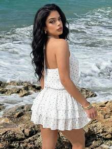 SHEIN SXY Polka Dot Mesh Ruffle Hem Mini Vacation Dress, White Party Outfits, Slay Diva Dress,, All White Party Outfit Women, White Dress,Ruffle,Summer ,Spring ,Vacation,Beach , Ibiza,Polka Dot White Polka Dot Dress Ruffle Dress Seashell Dress Sea Shell Dress - White - View 3