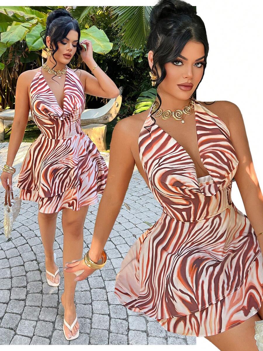 SHEIN SXY Women's Backless Tie-Up Zebra Print Mini Dress,Pink And Brown,70s,Summer,Party,Vacation,Holiday, Date Outfit,Beach,Ibiza,Animal Print,Miami Dress - Multicolor - View 1