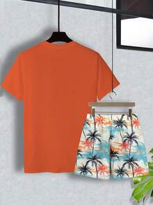 NEOREFINED Orange Tropical Palm Tree Beach Print Men's Crew Neck Short Sleeve T-Shirt Set, Men's American Beach Crew Neck Orange T-Shirt Set - Multicolor - View 3