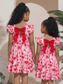 SHEIN Tween Girl Pink Summer Cute Birthday Y2K Heart Print Backless Bow Tie Chiffon Flutter Sleeve Dress,Valentine's Day Mother-Daughter Matching Vacation - Baby Pink - View 6