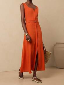 Vesra Women's Solid Color Split Design Fashionable Date Party Dress - Orange - View 4