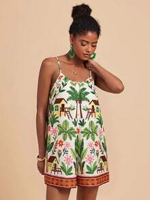 Travachic Tropical Print Camisole Jumpsuit, Casual Vacation Wear - Multicolor - View 5