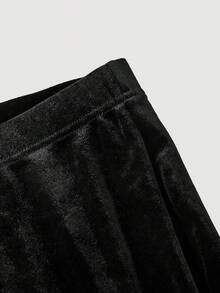 SHEIN MOD Petite Black Date Night Romantic Contrast Lace Ruffle Trim Velvet Flare Leg Pants - Black - View 3