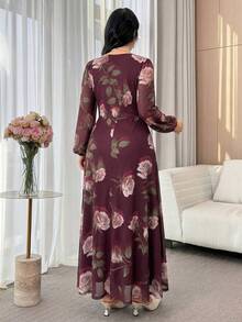 Modelyn Đầm thanh lịch tay phồng họa tiết hoa dành cho nữ cỡ lớn - Màu Đỏ Sâu - Xem 2
