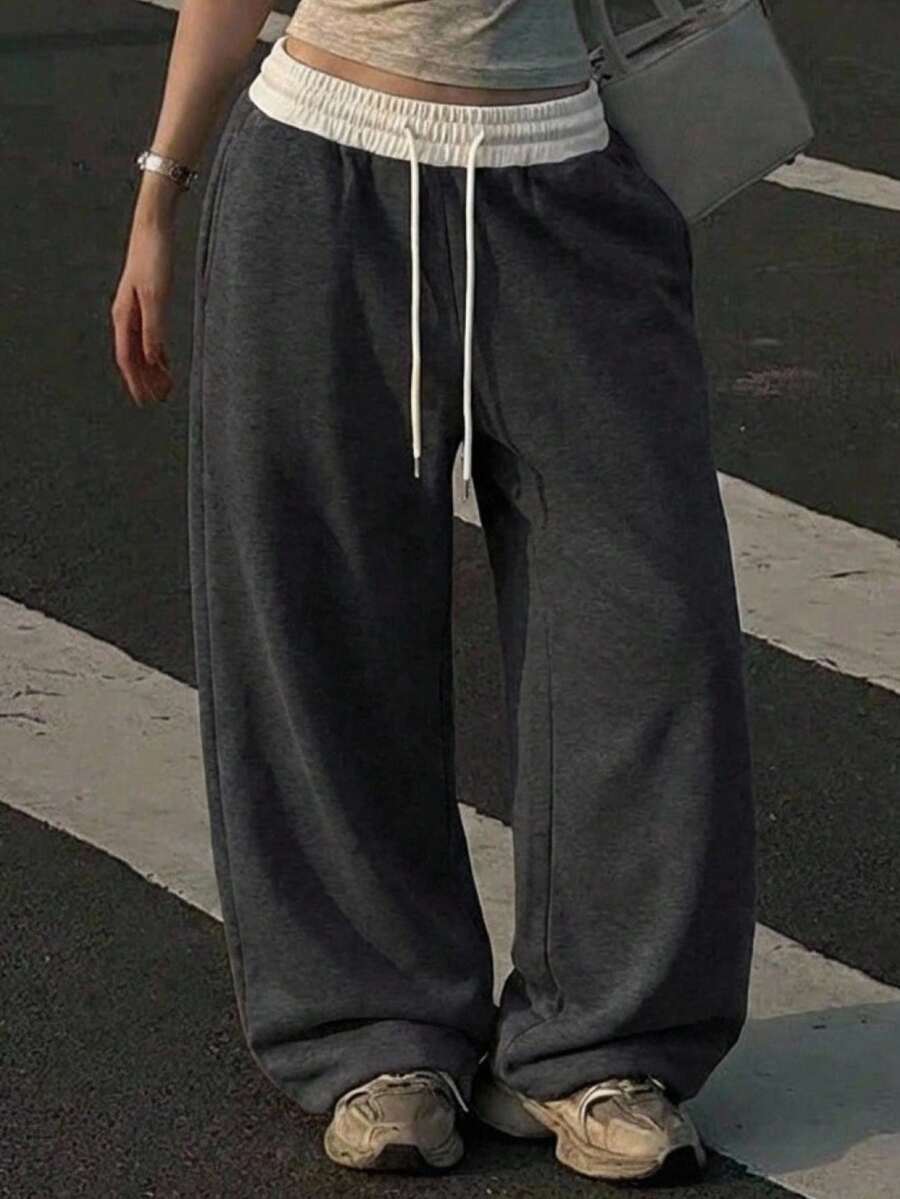 SHEIN EZwear 女士夏季休闲撞色抽绳腰灰色针织阔腿运动裤 - 深灰色 - 查看 1