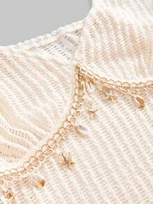 ROMWE Y2K西部复古度假贝壳装饰蕾丝沙滩装薄纱（可作泳衣罩衫）大码女式吊带裙 - 杏色 - 查看 2