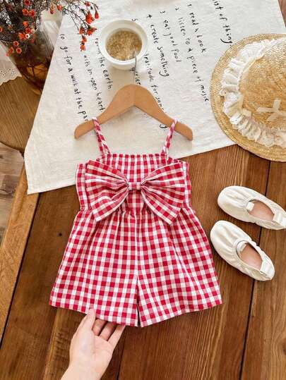SHEIN LMoss Kids Pelele casual de verano con lazo y estampado de cuadros rojos y blancos para bebé niña