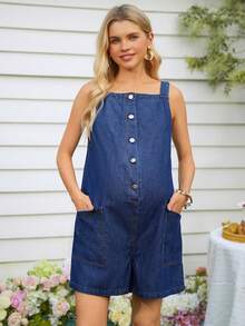 SHEIN 孕妇休闲深色水洗牛仔连体裤 - 深色水洗藍 - 查看 3