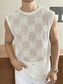 SWAVVY Men's Casual Floral Hollow Design Round Neck Tank Top - Apricot - View 1