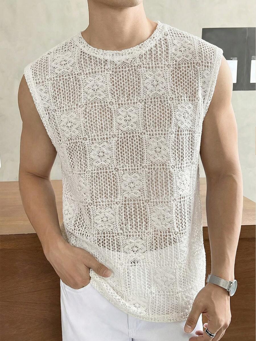 SWAVVY Men's Casual Floral Hollow Design Round Neck Tank Top - Apricot - View 1