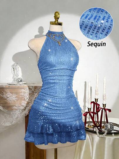 Franclia Đầm ôm sát không tay, màu đỏ tía đính sequin, cổ yếm, co giãn, gợi cảm dành cho nữ/Hẹn hò/Tiệc tùng/Hộp đêm/Dạo phố/Halloween/Ngày Valentine/Đầm thanh lịch/Đầm Giáng sinh/Đầm sinh nhật/Hộp đêm/Đầm dự tiệc/Lễ hội năm mới/Mùa xuân/Mùa hè/Mùa thu/Mùa đông.