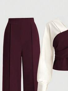 Franclia 2pcs/Set V-Neck Contrast Color Patchwork Top And Straight Leg Pants, Casual Autumn/Winter - Burgundy - View 4