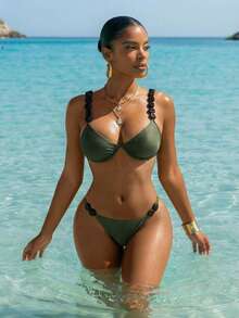 Swim Chiccia 2pcs/Set Summer Beaded Spaghetti Strap Crop Top And Low Waist Briefs Sexy Swimwear Set - Army Green - View 7