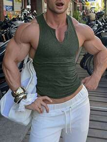 Manfinity Dauomo Áo tank top nam mùa hè, màu trơn, cổ chữ V - Màu xanh lá cây đậm - Xem 3