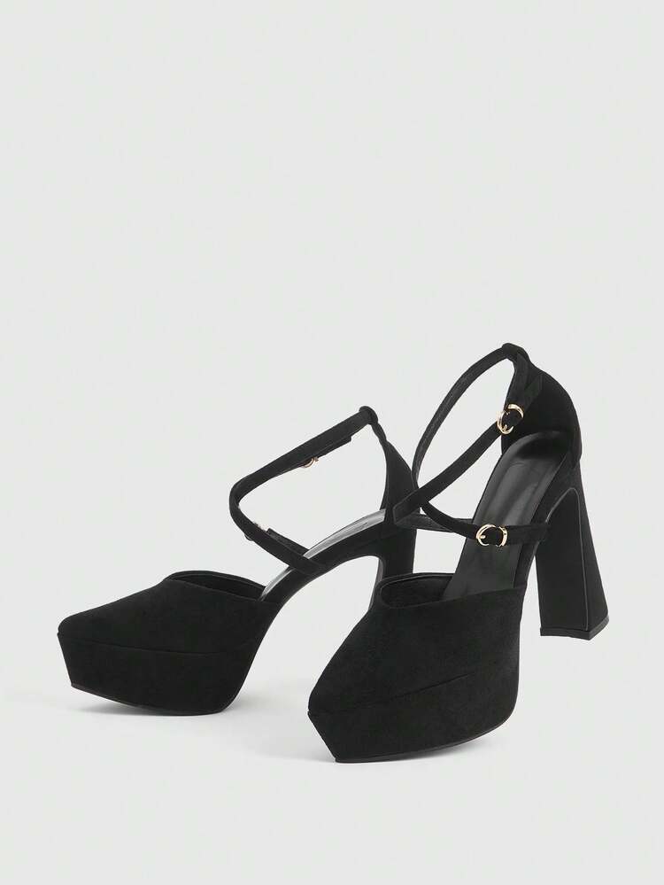 CUCCOO LuxiPop Spring/Summer New Fashion Pointed Toe High Heel Sandals With Ankle Wrap Design, Waterproof Platform, Elegant Suede Material, Sexy Black Color, Suitable For Formal Occasions, Date, Afternoon Tea, Party, Valentine's Day, Vacation, Travel, 2000s Style