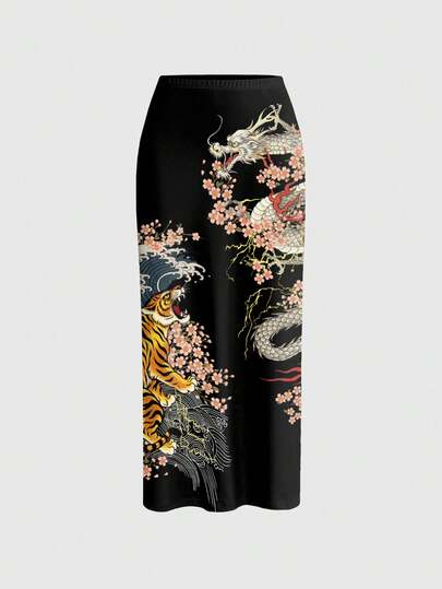 ROMWE Avant 1 chiếc váy kiểu Trung Quốc mới, xẻ cao, họa tiết hổ rồng, thích hợp cho lễ hội âm nhạc Punk tối màu, mùa hè nghỉ mát, dành cho nữ.