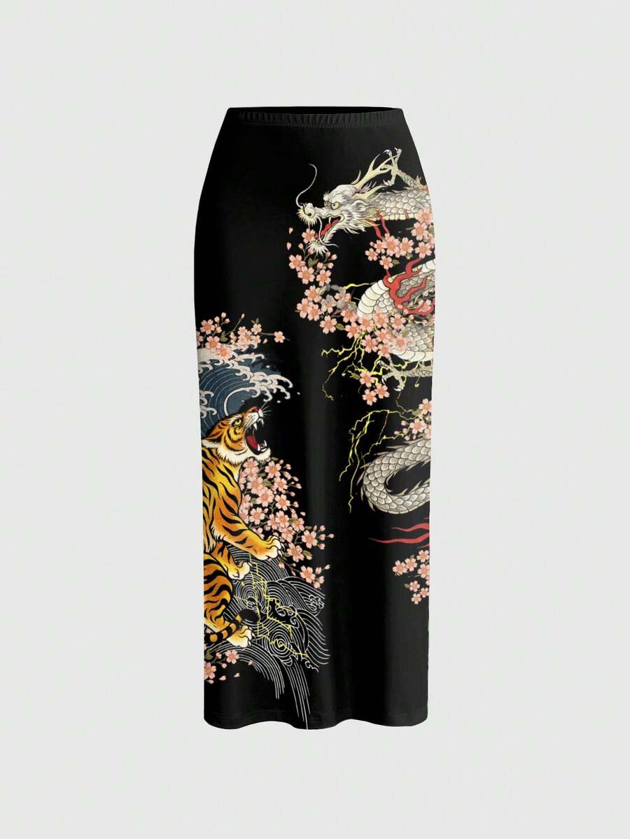 ROMWE Avant 1 chiếc váy kiểu Trung Quốc mới, xẻ cao, họa tiết hổ rồng, thích hợp cho lễ hội âm nhạc Punk tối màu, mùa hè nghỉ mát, dành cho nữ. - màu đen - Xem 1