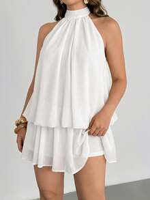 Auralis 优雅浅黄色露背系带宽松喇叭荷叶边下摆大码女式迷你连衣裙，适合音乐会、演出、约会、舞会、情人节、派对、性感优雅浪漫风、OL风、美人鱼风、生日派对、日常休闲、海滩度假等场合。 - 白色 - 查看 6