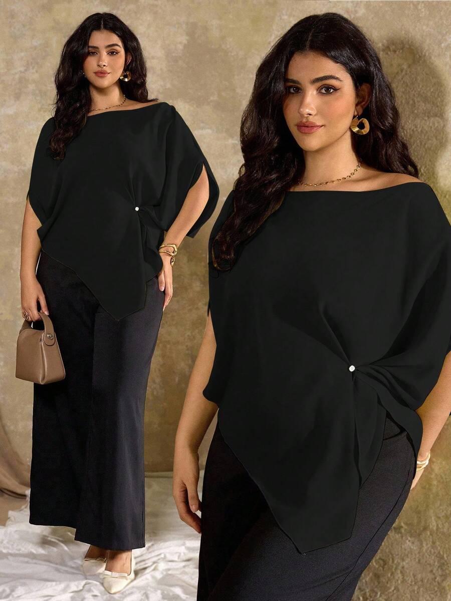 Roveilla 大码女式法式休闲不对称肩短袖衬衫黑色连体裤 大码黑色 大码上衣 大码女装两件套 大码女式连体裤 黑色优雅连衣裙 大码女式 大码服装 大码套装 女士正式服装 大码女式度假套装 女士两件套休闲套装 大码女式套装 大码女式上衣 大码阔腿裤套装 黑色不对称下摆上衣 - 黑色 - 查看 1