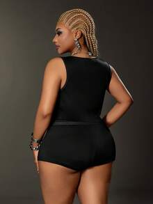 Maweii 女士性感印花镂空撞色系带吊带背心，适合日常、度假和派对穿着，大码尺码 - 黑色 - 查看 3