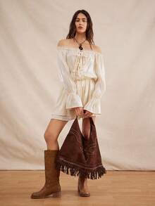 Easelle Bohemian Music Festival Off-Shoulder Ruffle A-Line Romantic Dress For Women - Apricot - View 1