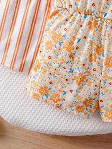 SHEIN 3pcs/Set Cute Summer Knit Floral & Striped Pattern Romper For Baby Girl - Multicolor - View 6