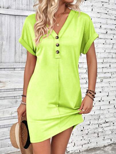 EMERY ROSE Vestido casual corto de manga corta con diseño de botones en color verde fluorescente para mujer