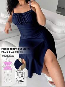 SHEIN EZwear Plus Size Women Solid Color Ruched Side Slit Hem Cami Dress - Navy Blue - View 1