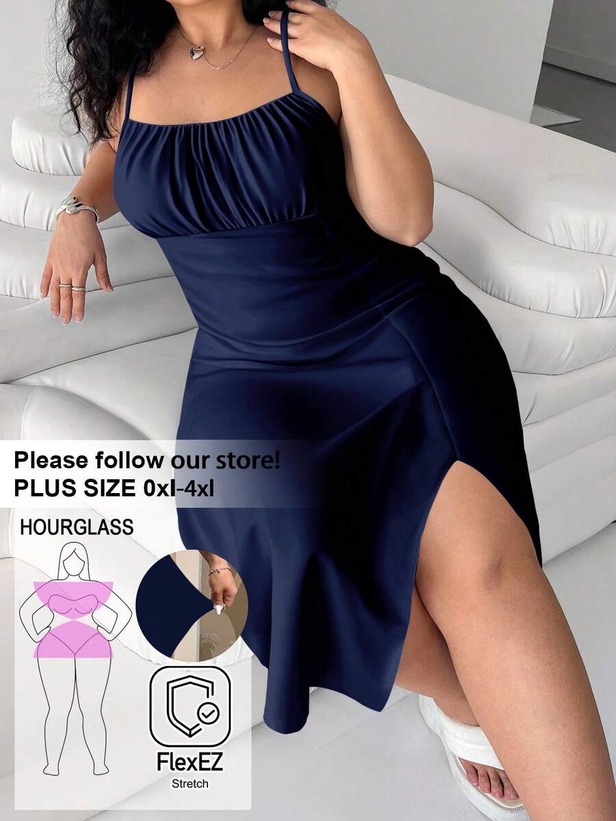 SHEIN EZwear Plus Size Women Solid Color Ruched Side Slit Hem Cami Dress - Navy Blue - View 1