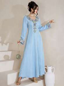 Al Najma Embroidered Lace Patchwork Elegant Modest Long Sleeve Dress - Blue - View 5
