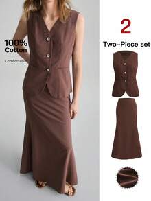 Ontre Bộ 2 món mới 2026SS, Áo vest ôm dáng màu nâu cà phê chất liệu thoải mái + Chân váy đuôi cá, Trang phục dự tiệc cưới thanh lịch, Phong cách tối giản lãng mạn kiểu Pháp sang trọng, thời trang thành thị, trang phục công sở thường ngày, mang hơi hướng quý tộc cổ điển, cao cấp, thiết yếu cho sân bay, du lịch biển Trung Đông, đa năng, chất lượng cao, phù hợp cho cả 4 mùa, bộ đồ cưới dành cho nữ. - Cà phê nâu - Xem 1