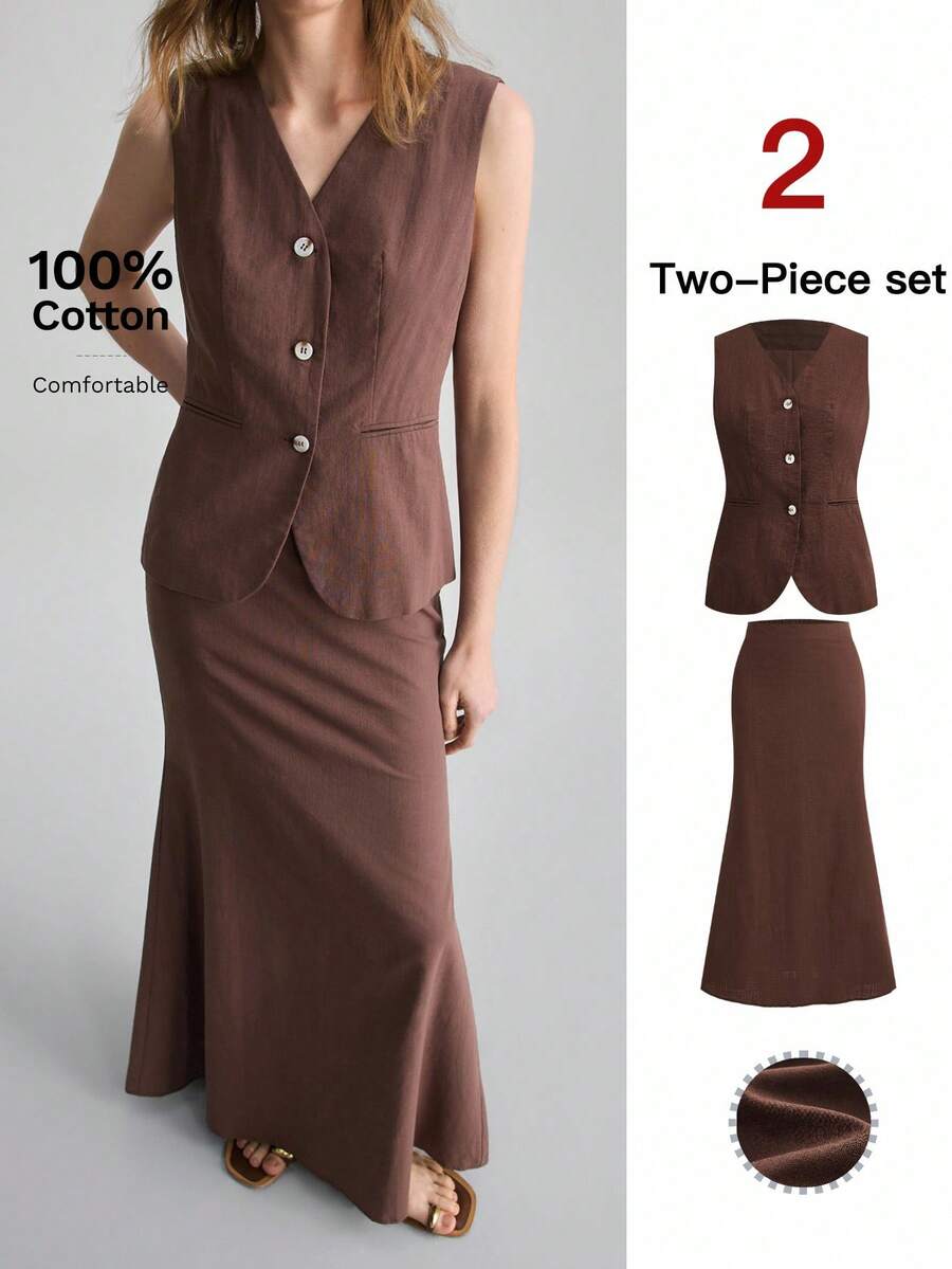 Ontre Bộ 2 món mới 2026SS, Áo vest ôm dáng màu nâu cà phê chất liệu thoải mái + Chân váy đuôi cá, Trang phục dự tiệc cưới thanh lịch, Phong cách tối giản lãng mạn kiểu Pháp sang trọng, thời trang thành thị, trang phục công sở thường ngày, mang hơi hướng quý tộc cổ điển, cao cấp, thiết yếu cho sân bay, du lịch biển Trung Đông, đa năng, chất lượng cao, phù hợp cho cả 4 mùa, bộ đồ cưới dành cho nữ. - Cà phê nâu - Xem 1