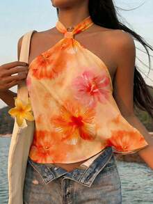 SHEIN EZwear Top feminino frente única com estampa floral de hibisco laranja, estilo casual minimalista para férias na primavera e verão, cruzeiro na praia, boho, faroeste, festival, garota da ilha, vintage, praia, romântico, com vibe de férias, férias de primavera, fofo, para casa, delicado, para garota clean, festival de música, show, casamento, convidada, viagem à cidade, elegante para as férias. - Multicolorido - Ver 7
