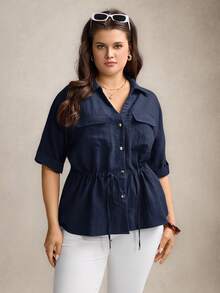 Comfylo Plus Size Women Drawstring Waist Short Sleeve Utility Pocket Loose Shirt - Navy Blue - View 6