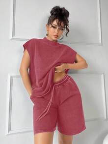 SHEIN SXY 大码女式纯色 Polo 领短袖 T 恤和短裤休闲两件套 - 紅色 - 查看 3