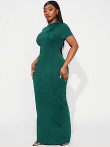 Radiana Plus Size Solid Color Elegant Waist Cinching Party Short Sleeve Dress - Dark Green - View 3