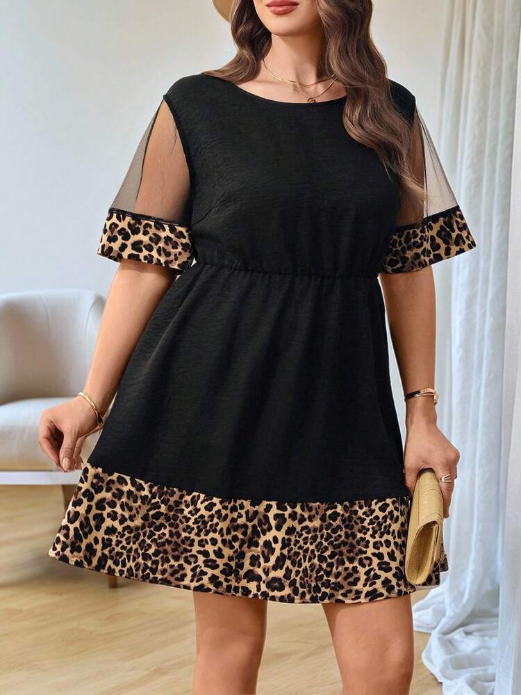 Plus Size Women Leopard Print Mesh Patchwork Round Neck Short Sleeve Elegant Dress\Summer\Elegant\Party\Wedding Guest Dress Women Plus Dress Plus Size Casual Dress Summer Outfits Party Dress  Beach Vacation Outfits For Women  Formal Attire For Women BOHO Clothes Leopard Print Plus Size Dress Mesh Sleeve Dress Leopard Print Dress Short Sleeve Dress Summer Outfits For Women  Beach Outfit For Women  Casual  Vacation Outfits Women Country Concert Outfit Peplum