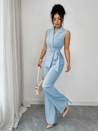 Selianne Elegantes romantisches Urlaubs- & Büro-Schleifen-Blazer-Anzug-Set für Frauen, Damen Hosenanzug in Blau, Zweiteiler in Himmelblau für Frauen, Blaue Outfits für Frauen, 2-teiliges ärmelloses Blazer- und Hosen-Set