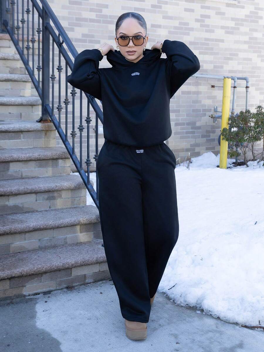 Melissa Matos 女式黑色休闲宽松连帽衫和运动裤两件套，保暖内衬，秋冬 - 黑色 - 查看 1