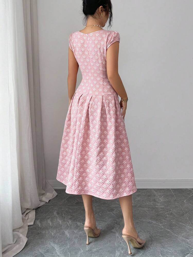 Elenzga 女士方领提花短袖优雅连衣裙 - 粉色 - 查看 2