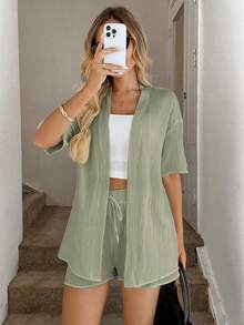 Easowa Bộ áo kimono và quần short dáng rộng, màu trơn, chất liệu vải có họa tiết, thích hợp cho nữ đi nghỉ mát và đi làm. Bộ đồ mặc nhà mùa hè cho nữ, bộ quần short 2 mảnh, bộ đồ thoải mái cho nữ đi nghỉ mát, bộ hai mảnh thoải mái cho nữ. - màu xanh lá - Xem 6