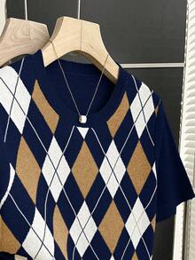 Franclia New Arrival Spring/Summer Retro College Style Colorblock Plaid Knit Pullover Sweater For Women - Navy Blue - View 4