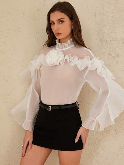 Aveloria Rosie New Arrival French Retro Elegant Vacation Blouse With Ruffle Collar, 3D Floral Design, Multi-Layer Frill Trim, Loose Fit, Lightweight