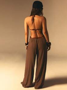 Athîral 女士度假休闲纯色阔腿裤 - 咖啡棕 - 查看 2