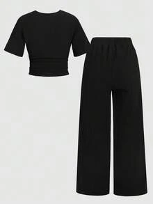 Set de 2 piezas: Camiseta con estampado de lazo y costillas y pantalones de punto para adolescentes, conjunto de moda casual y versátil para uso diario - Negro - Ver 4