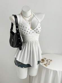 Elamini YK2 女士甜辣音乐节波点亮片刺绣 V 领褶皱不对称下摆吊带背心 - 白色 - 查看 1