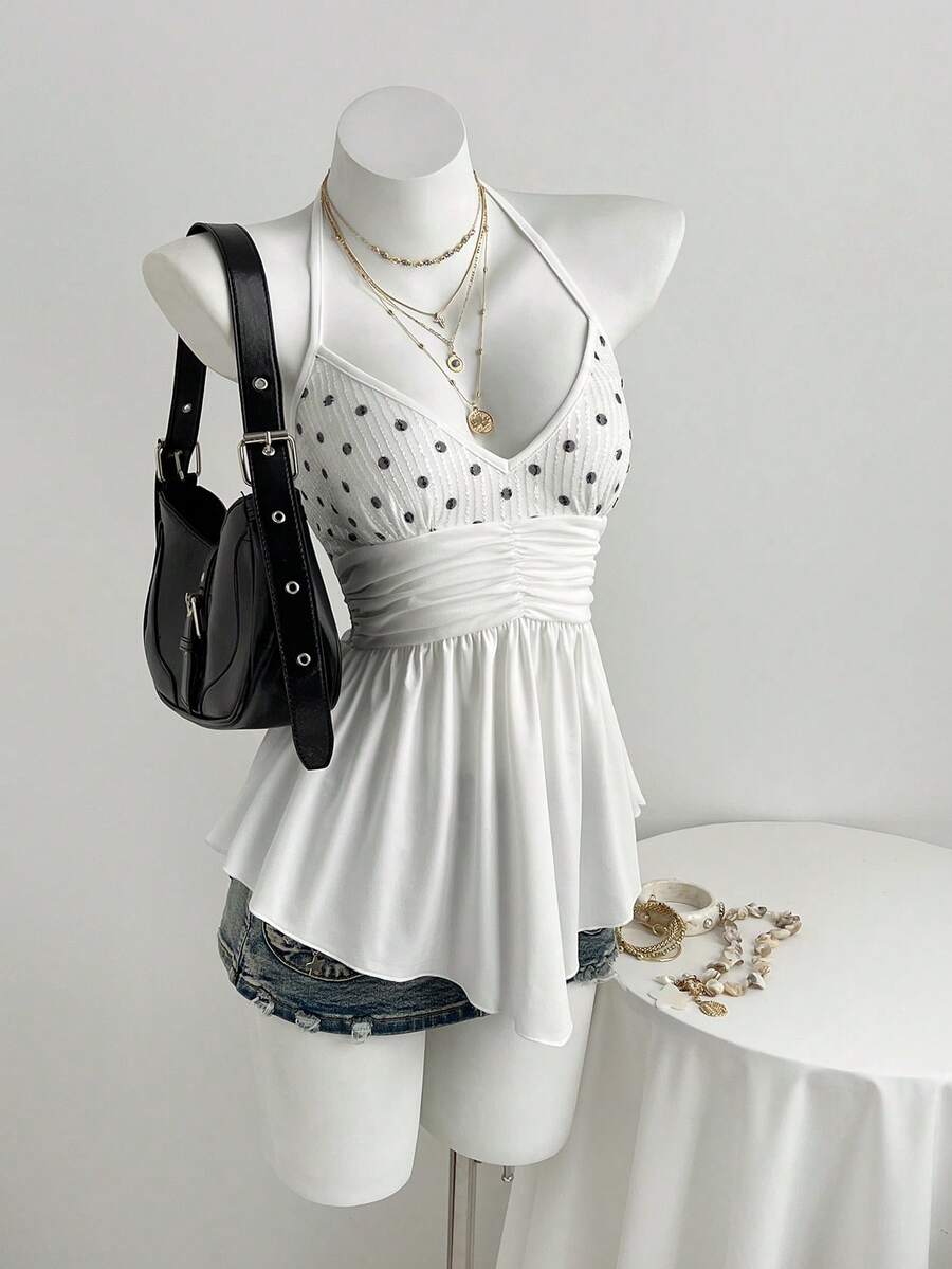 Elamini YK2 女士甜辣音乐节波点亮片刺绣 V 领褶皱不对称下摆吊带背心 - 白色 - 查看 1